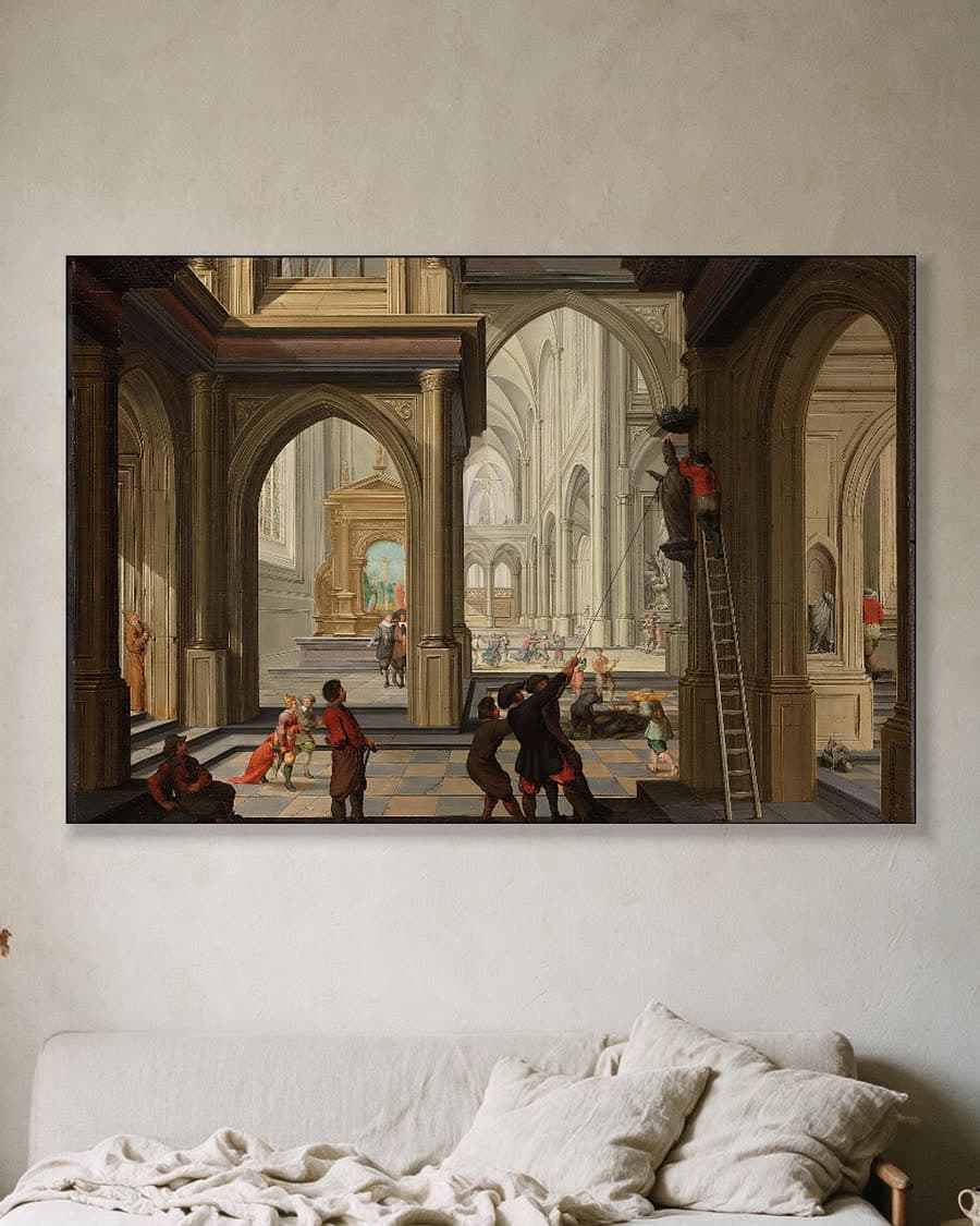 Beeldenstorm in een kerk in een aluminium frame aan dezelfde muur