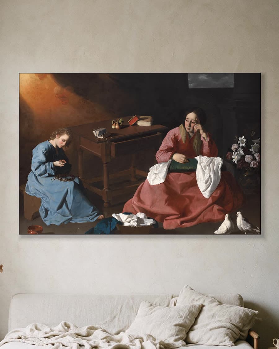 Christus en Maria in het huis te Nazareth in een aluminium frame aan dezelfde muur