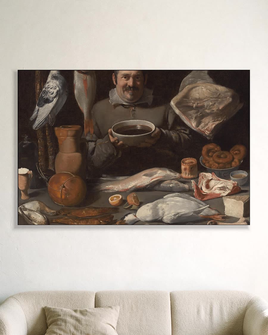 Keukenstuk (bodegón) in een aluminium frame aan dezelfde muur