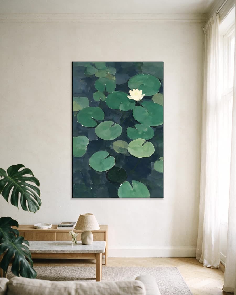 Waterlelies van bovenaf in een aluminium frame aan dezelfde muur