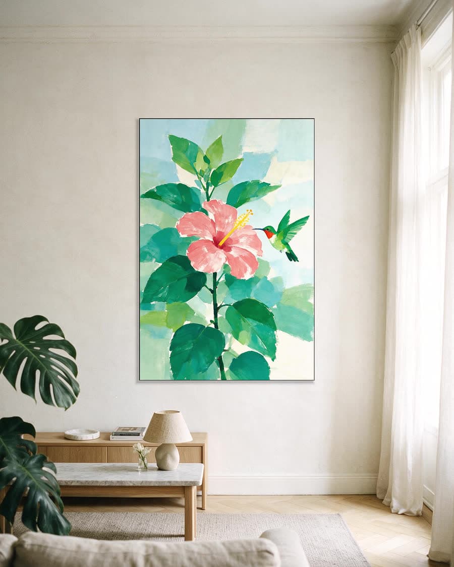 Kolibrie en hibiscus in een aluminium frame aan dezelfde muur