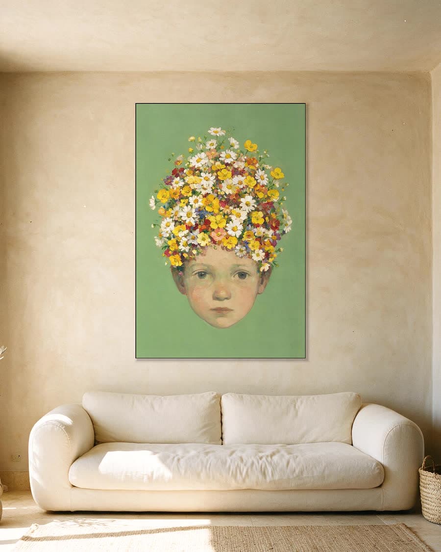 Kind met madelieven in een aluminium frame aan dezelfde muur