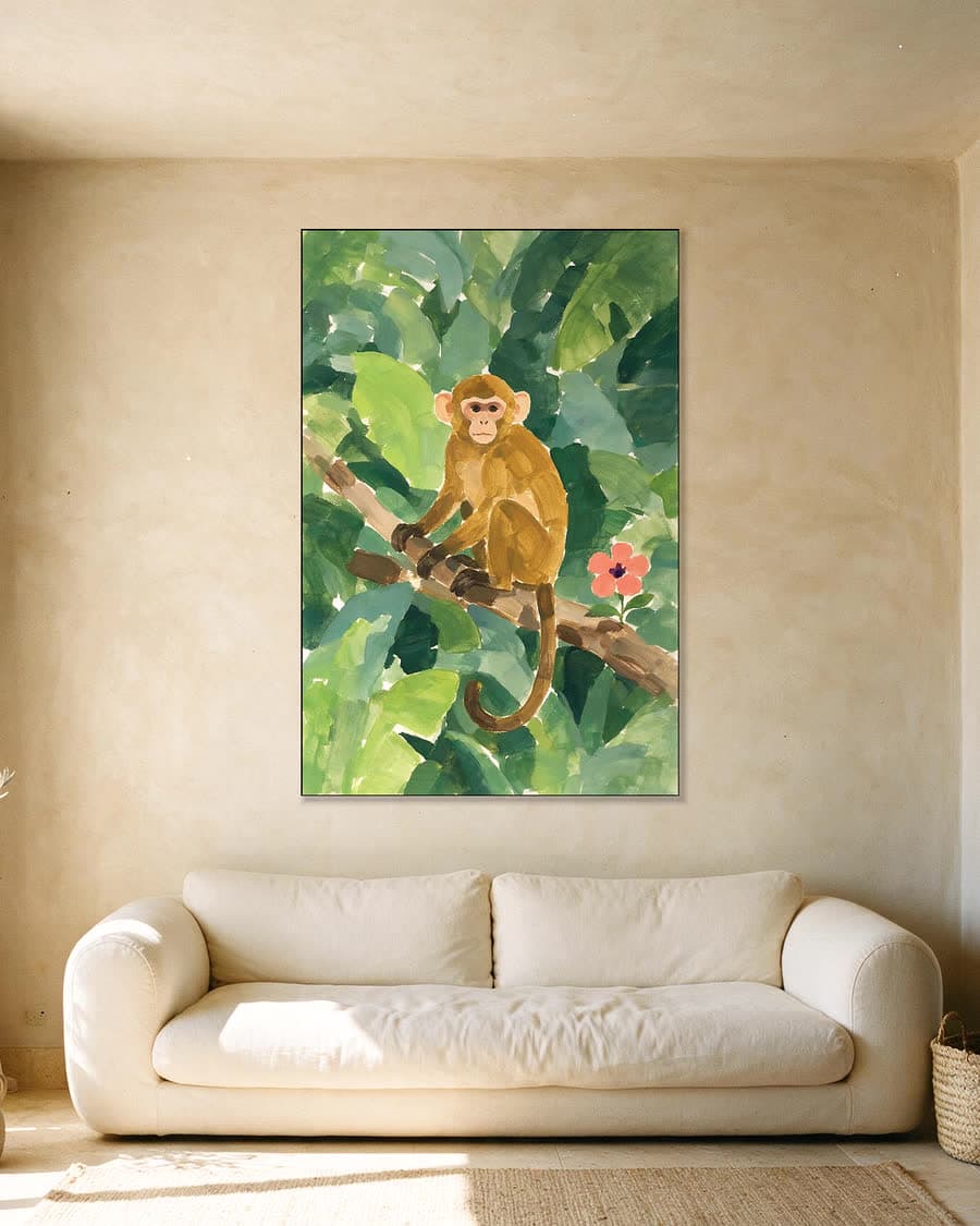 Aapje op een tak in een aluminium frame aan dezelfde muur