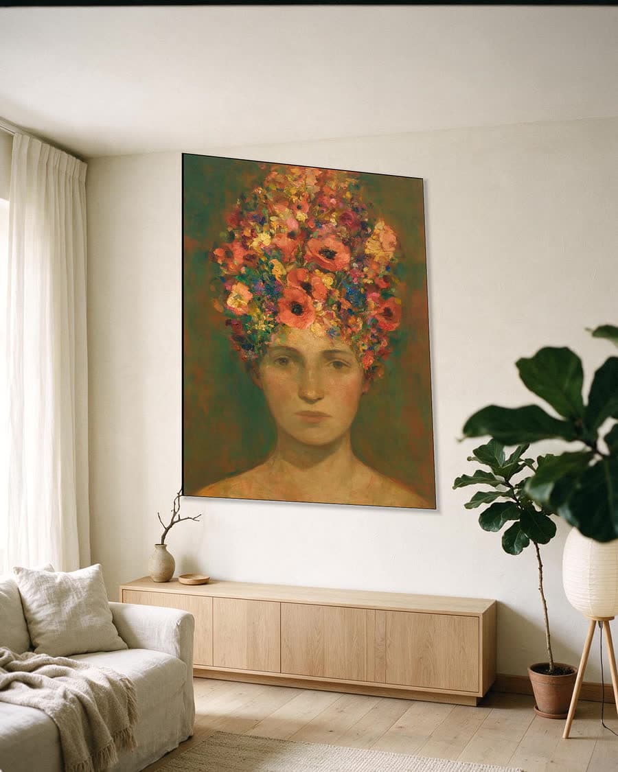 Klaprozen als haar in een aluminium frame aan dezelfde muur