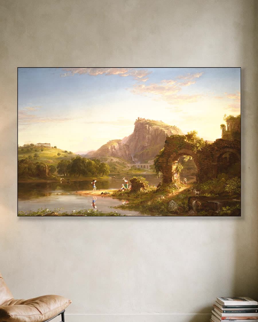Klassiek Landschap met Ruïnes in een aluminium frame aan dezelfde muur