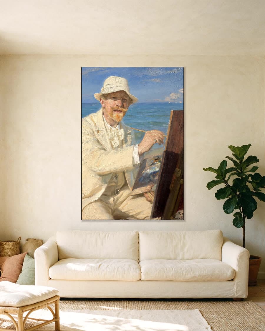 Zelfportret bij de ezel op het strand van Skagen in een aluminium frame aan dezelfde muur