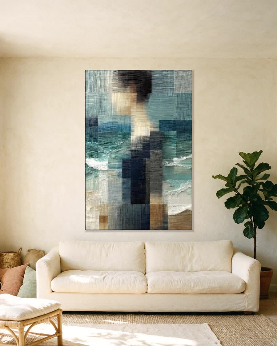 Vrouw aan zee, in blokken in een aluminium frame aan dezelfde muur