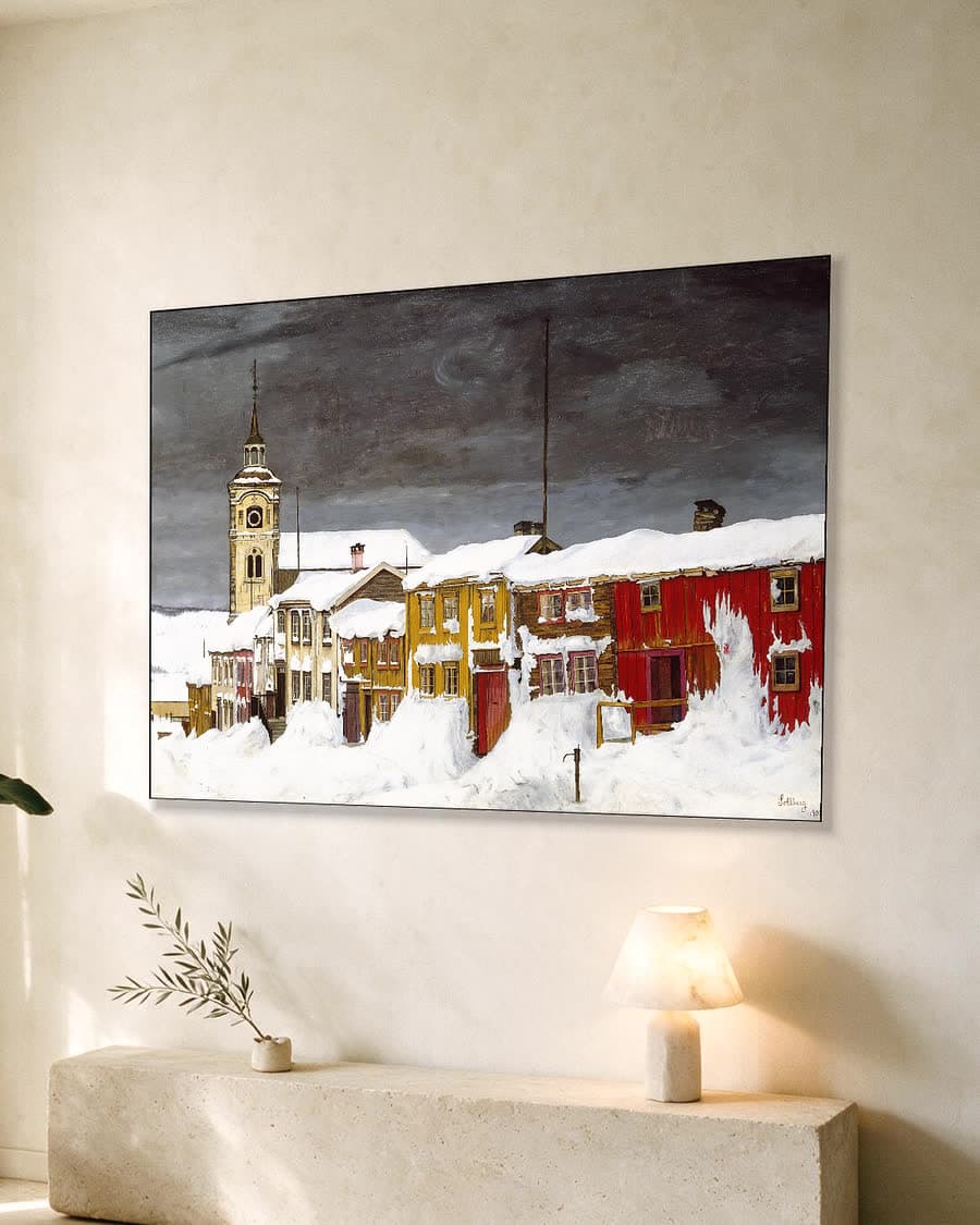 Kleurrijk winterdorp in een aluminium frame aan dezelfde muur