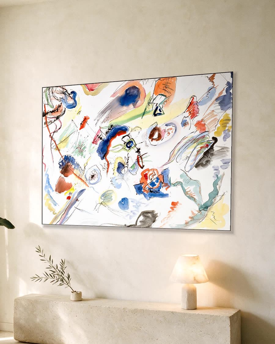 Kleurrijke Abstractie in een aluminium frame aan dezelfde muur