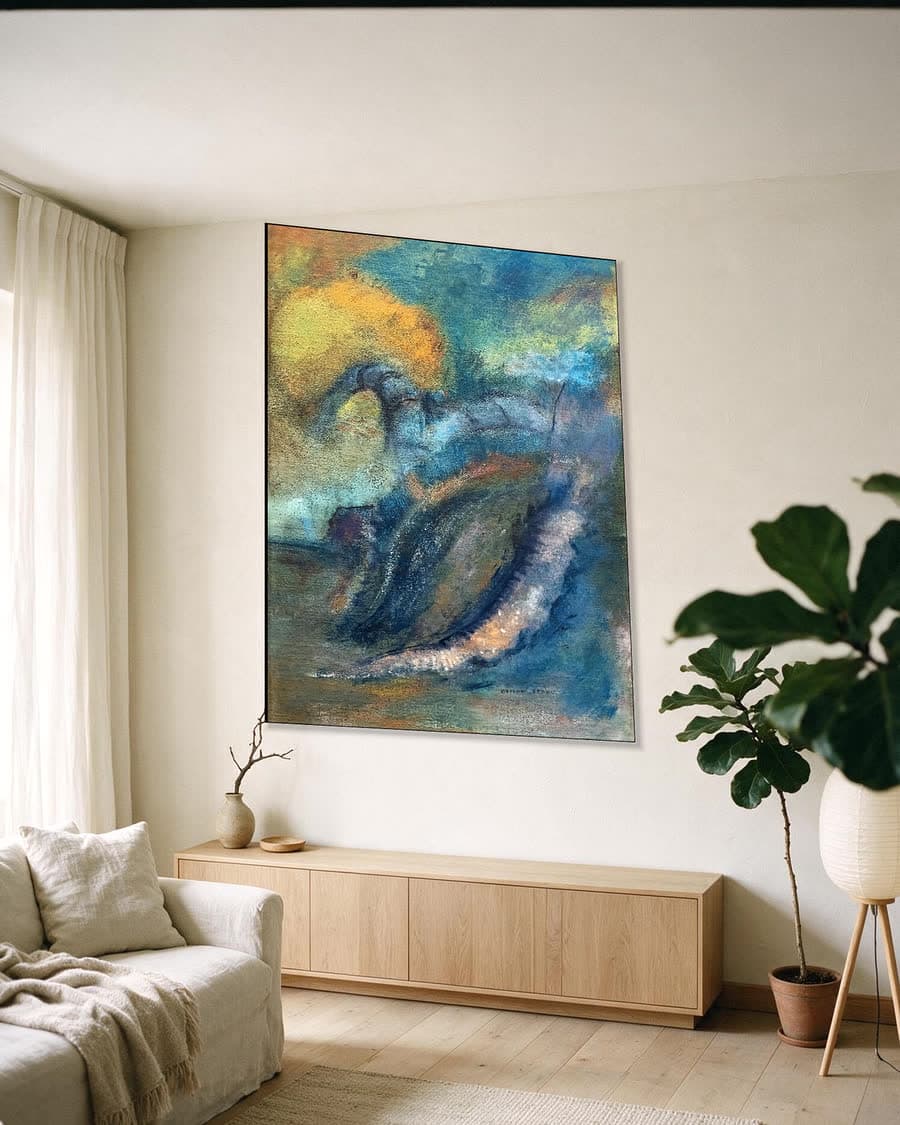 Kleurrijke werveling in een aluminium frame aan dezelfde muur
