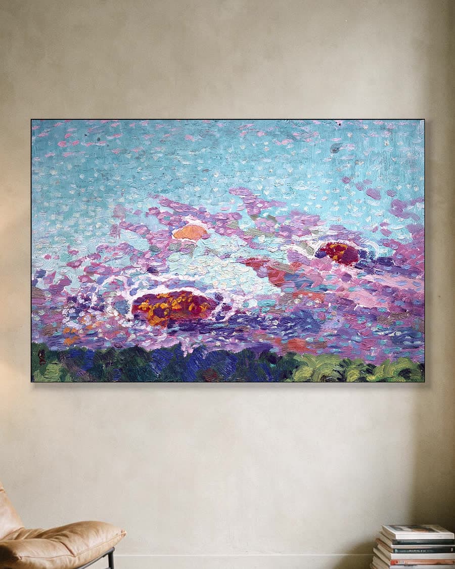 Kleurrijke zonsondergang in een aluminium frame aan dezelfde muur