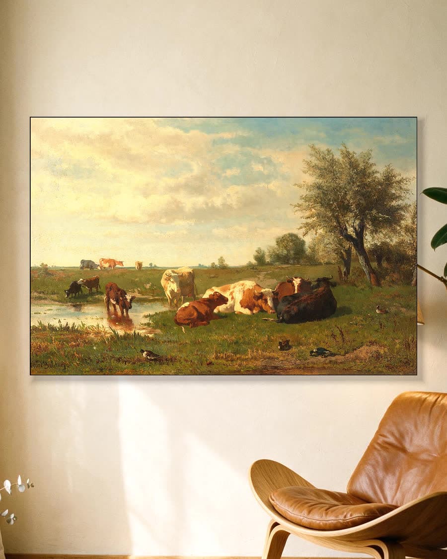 Koeien in de weide in een aluminium frame aan dezelfde muur
