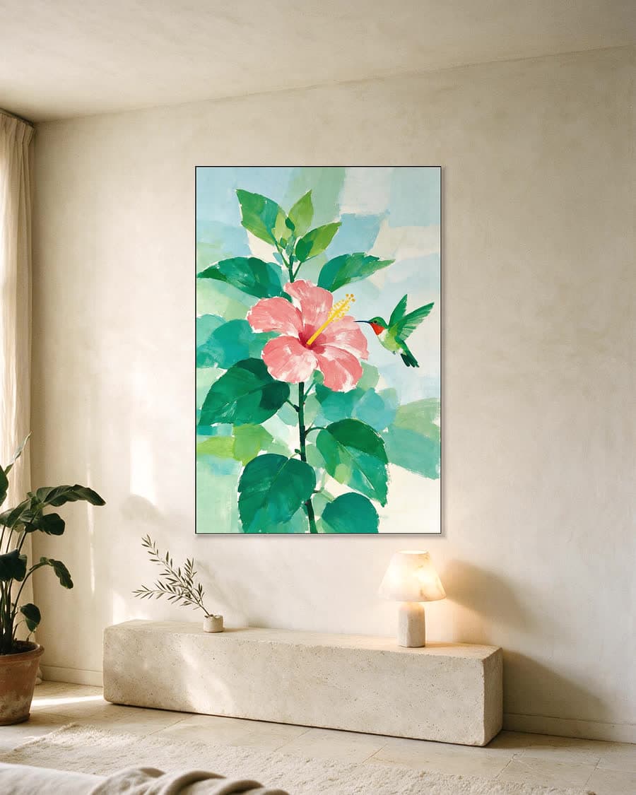 Kolibrie en hibiscus in een aluminium frame aan dezelfde muur