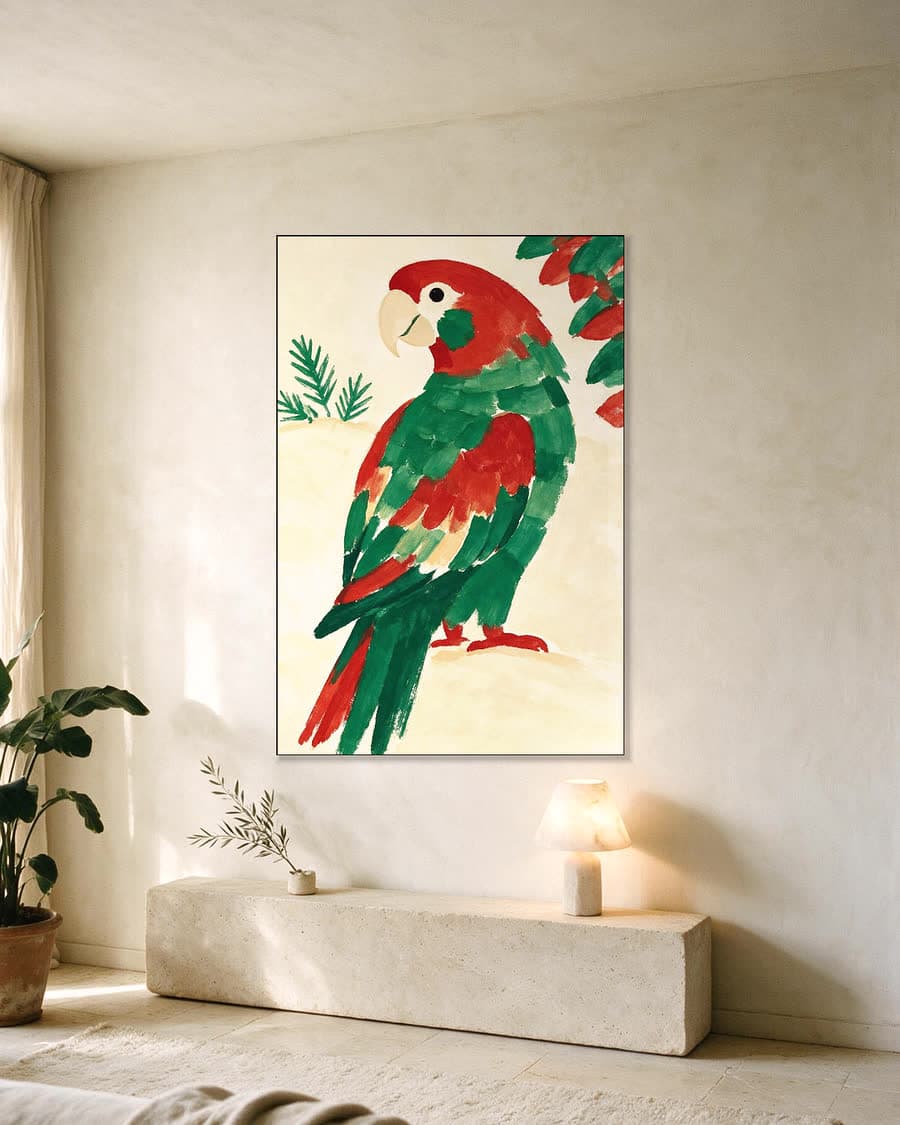 Papegaai op zand in een aluminium frame aan dezelfde muur