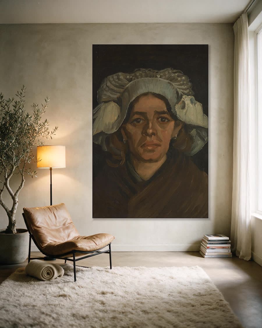 Kop van een vrouw in een aluminium frame aan dezelfde muur