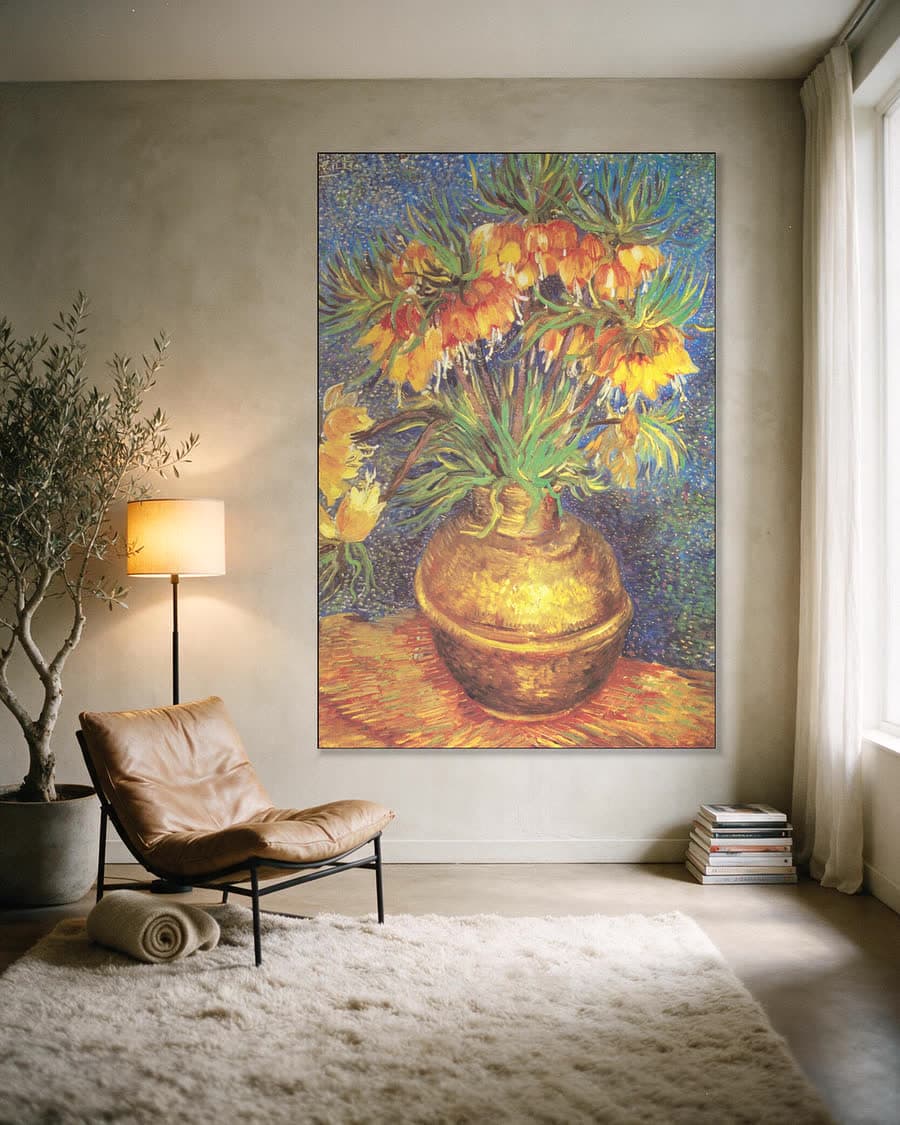 Keizerskronen in een koperen vaas in een aluminium frame aan dezelfde muur