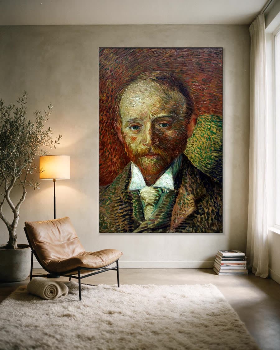Portret van Alexander Reid in een aluminium frame aan dezelfde muur
