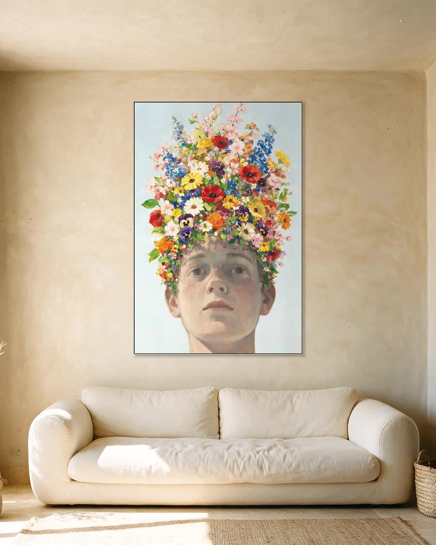 Kop van onderaf in een aluminium frame aan dezelfde muur