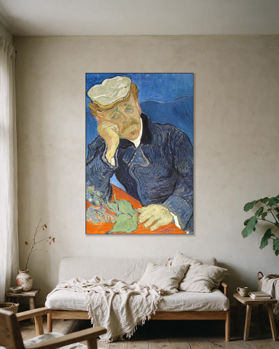 Portret van dokter Gachet in een aluminium frame aan dezelfde muur
