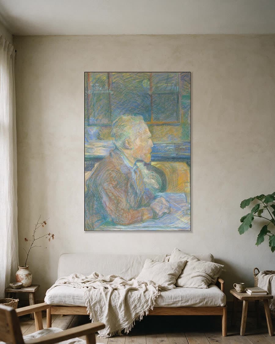Portret van Toulouse-Lautrec in een aluminium frame aan dezelfde muur