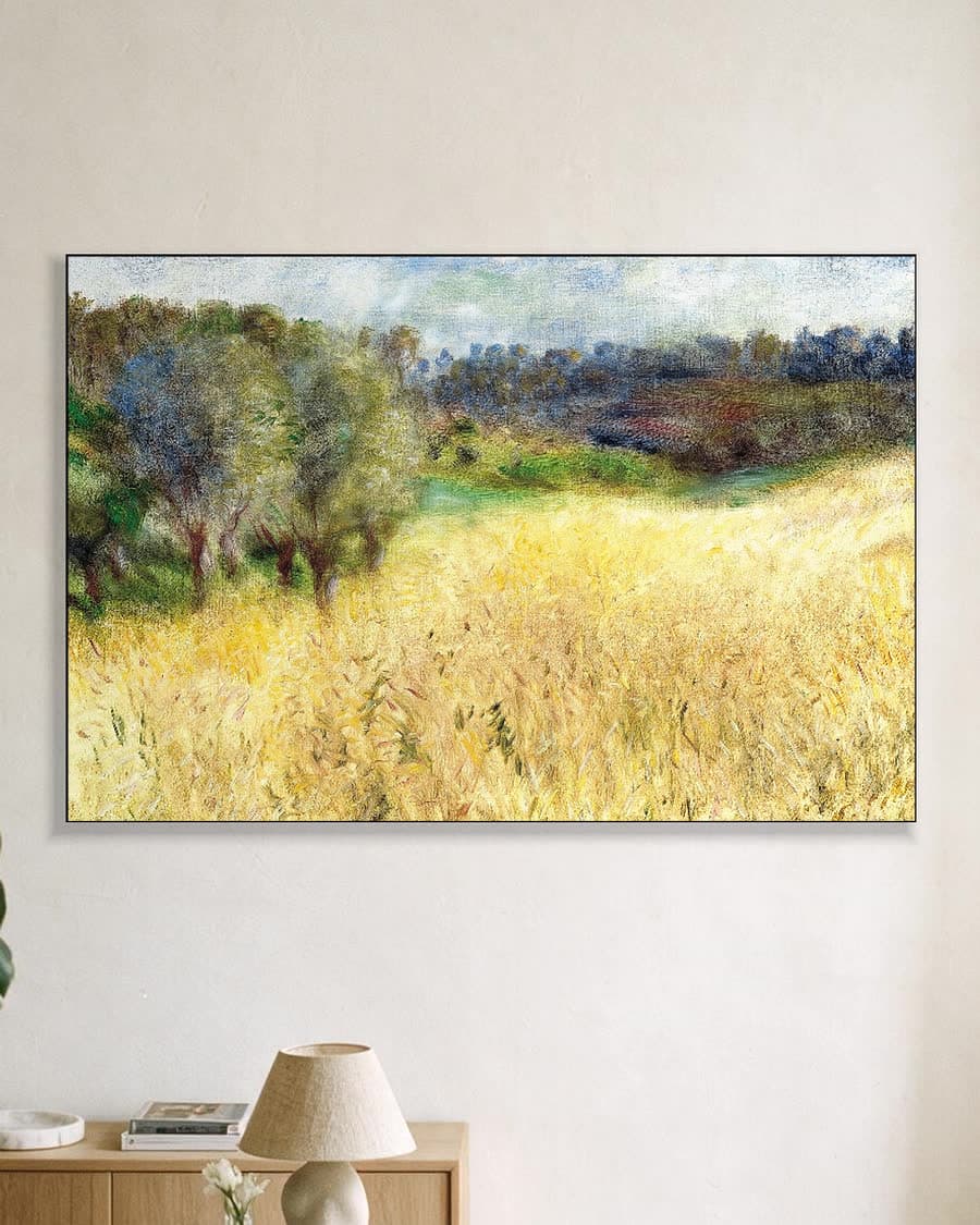 Korenveld (Campo de trigo, 1879) in een aluminium frame aan dezelfde muur