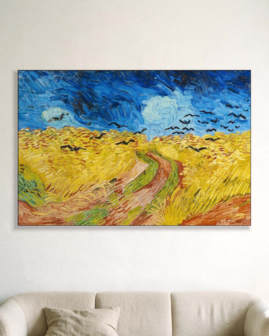 Korenveld met kraaien in een aluminium frame aan dezelfde muur
