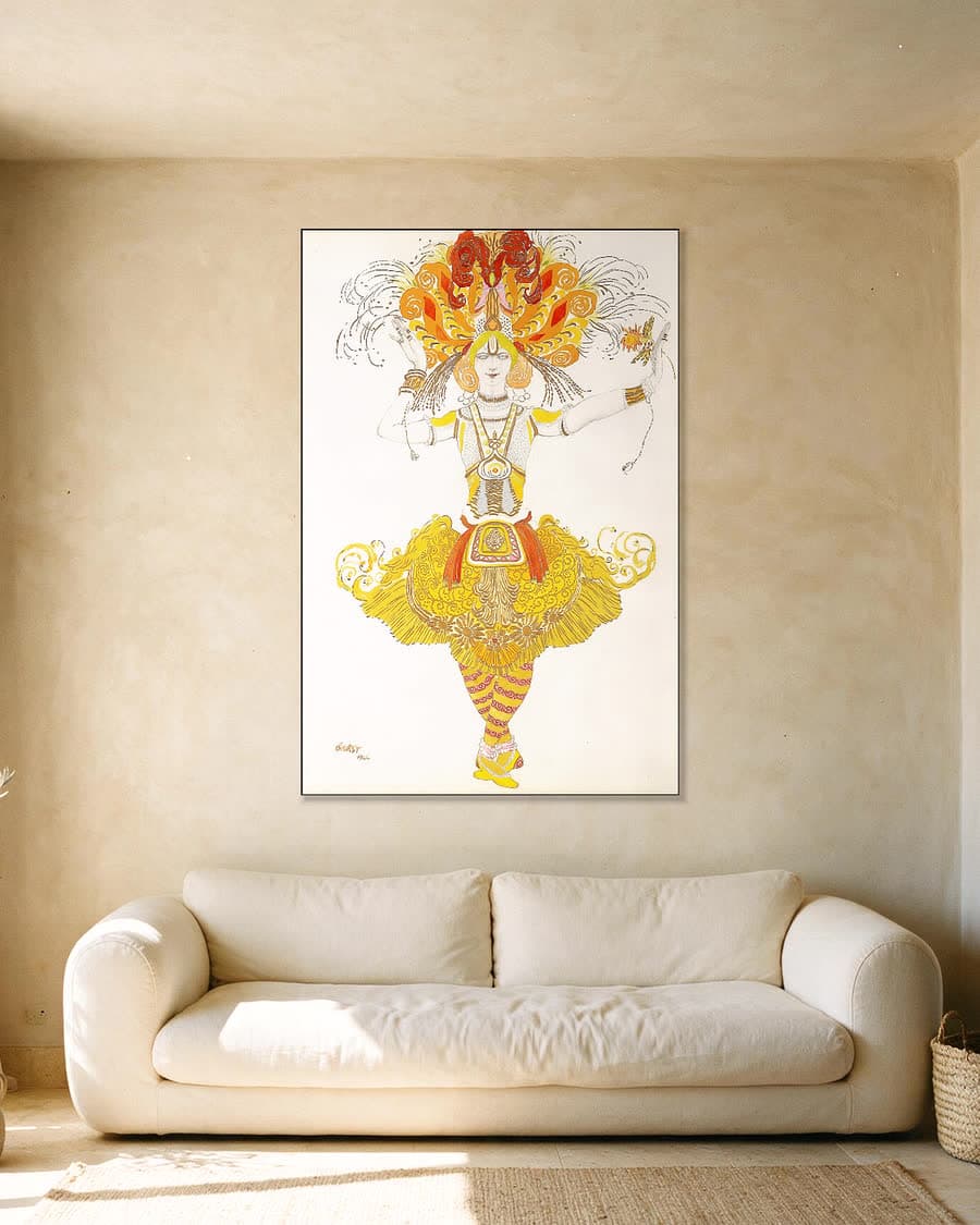 Kostuumontwerp voor De Vuurvogel (Ballets Russes) in een aluminium frame aan dezelfde muur