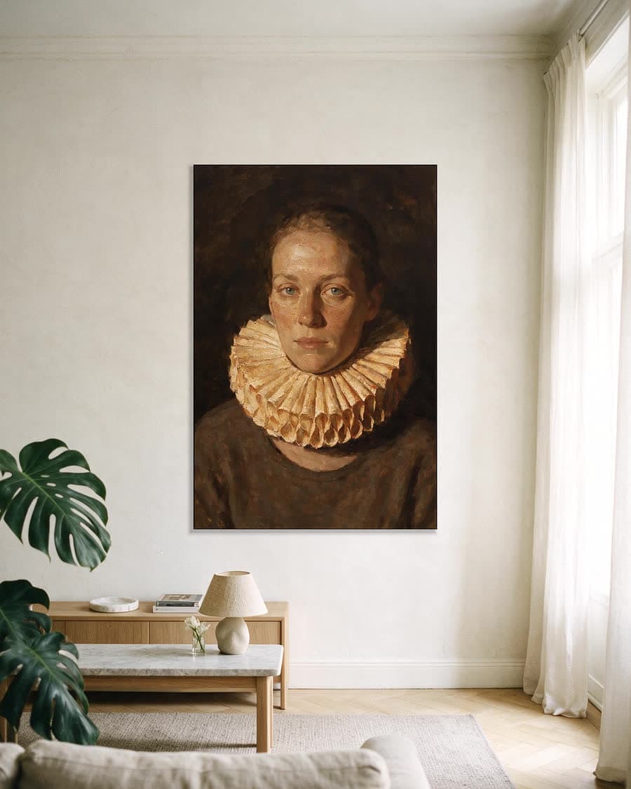 Kraag half in schaduw in een aluminium frame aan dezelfde muur