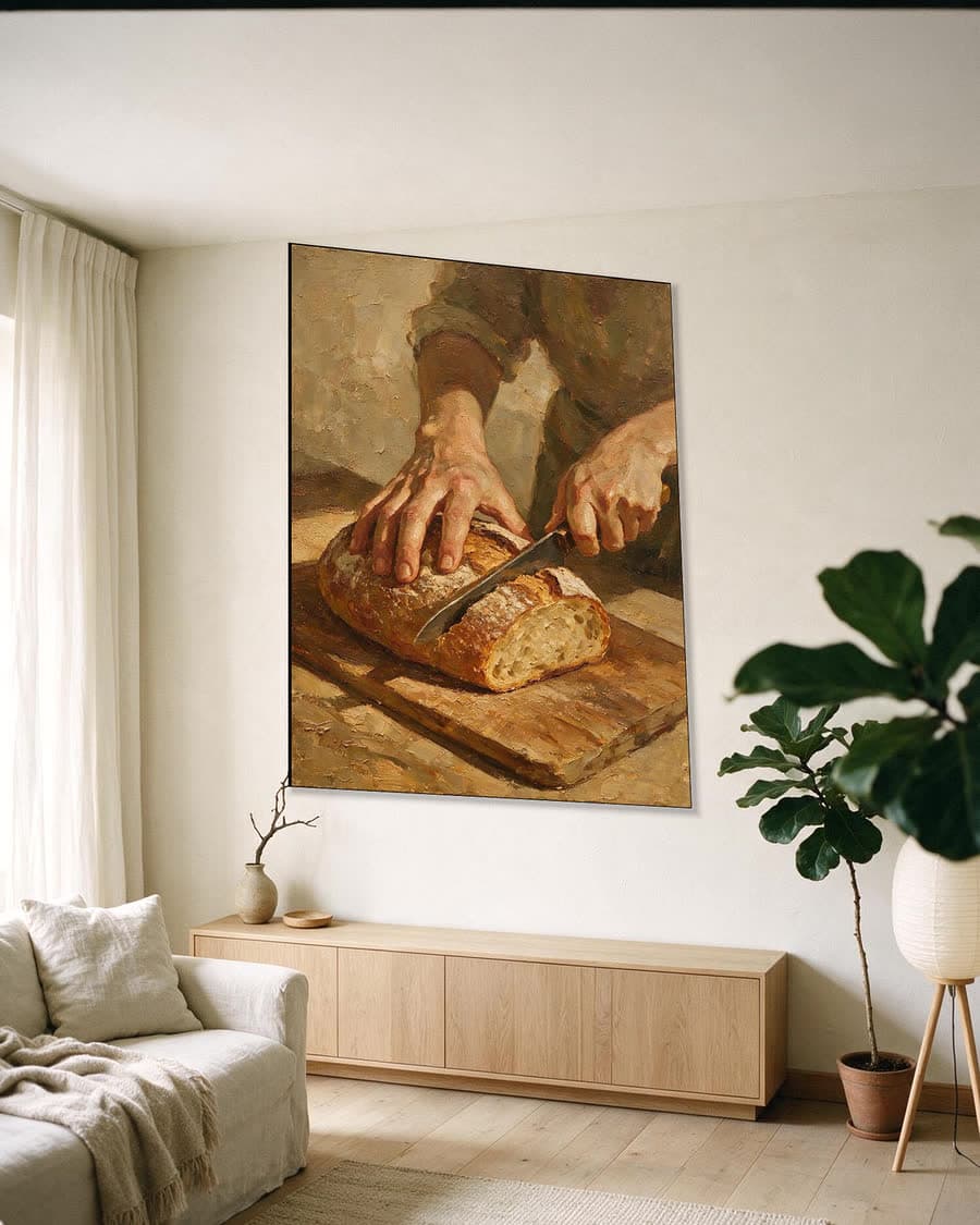 Brood snijden in een aluminium frame aan dezelfde muur