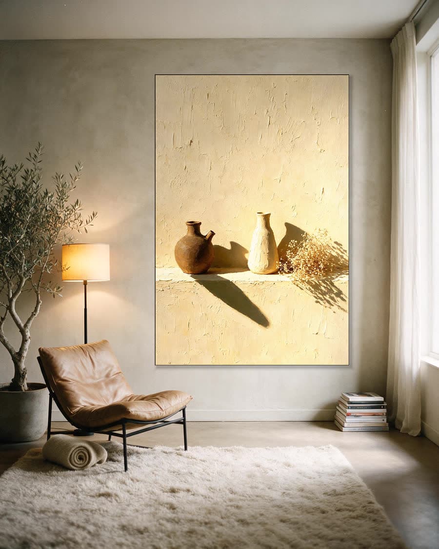 Kruik en gipskruid in een aluminium frame aan dezelfde muur