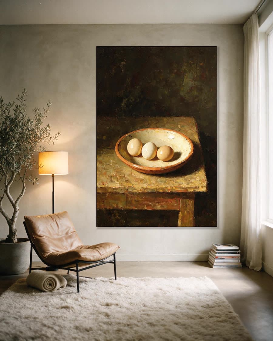 Drie eieren in een aluminium frame aan dezelfde muur