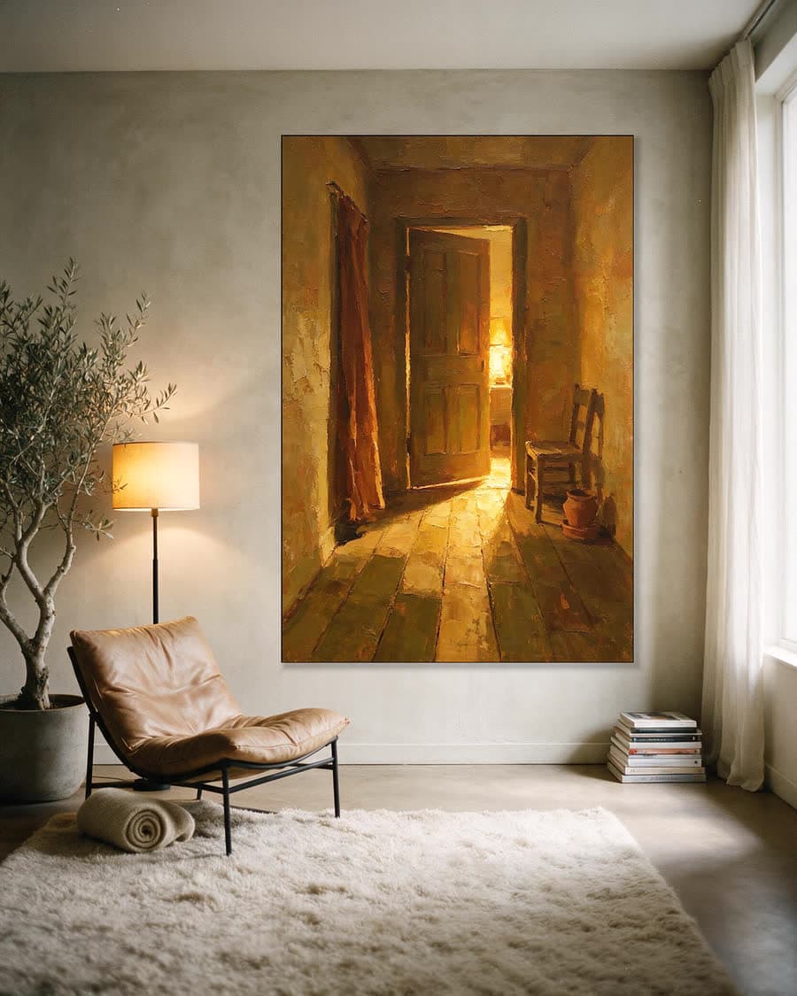 Gang met een deur op een kier in een aluminium frame aan dezelfde muur