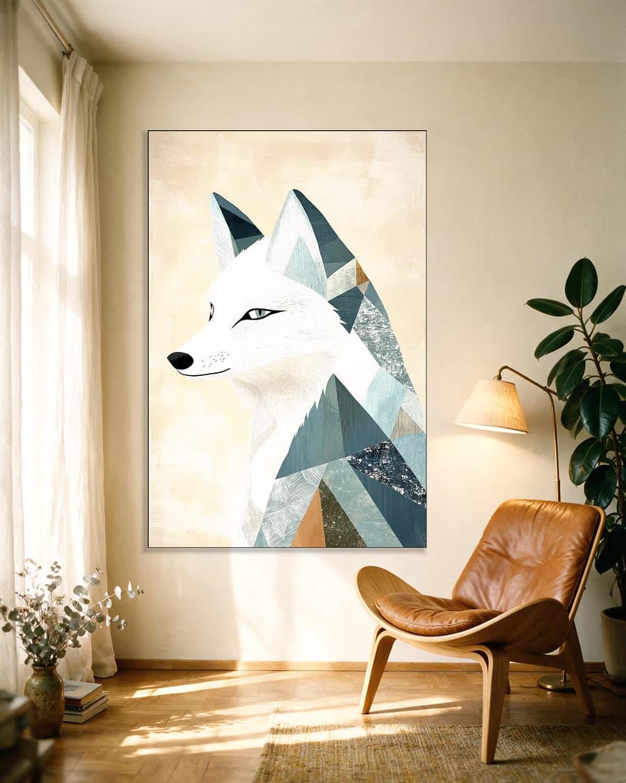 Poolvos in facetten in een aluminium frame aan dezelfde muur