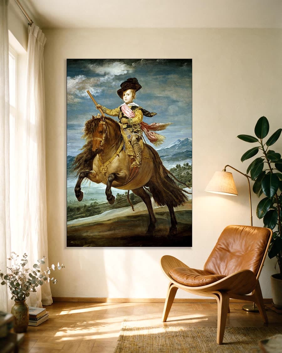 Prins Baltasar Carlos te Paard in een aluminium frame aan dezelfde muur