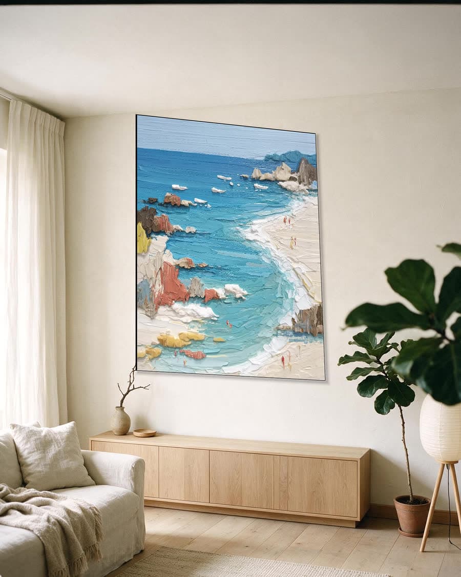 Kust in dik verf in een aluminium frame aan dezelfde muur