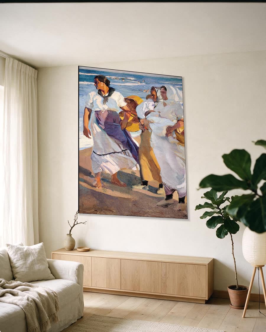 Vissersvrouwen uit Valencia in een aluminium frame aan dezelfde muur