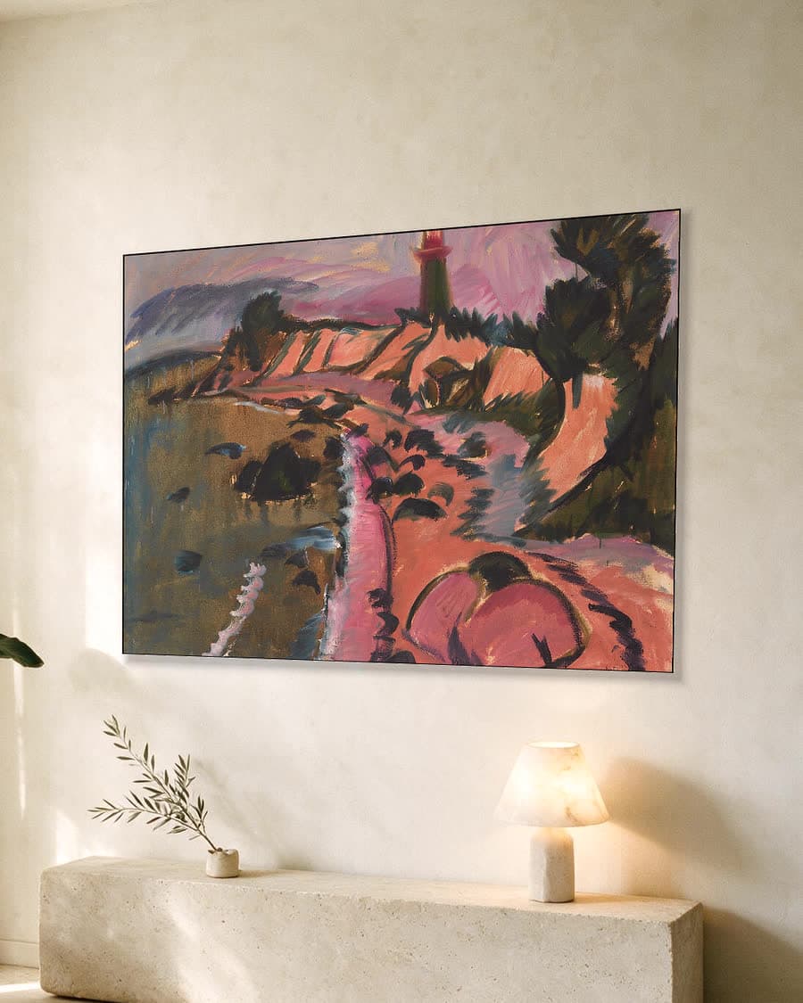 Kust van Fehmarn met vuurtoren in een aluminium frame aan dezelfde muur