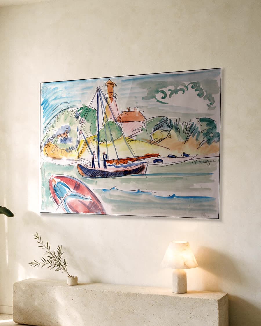 Kustlijn van Fehmarn met vuurtoren in een aluminium frame aan dezelfde muur