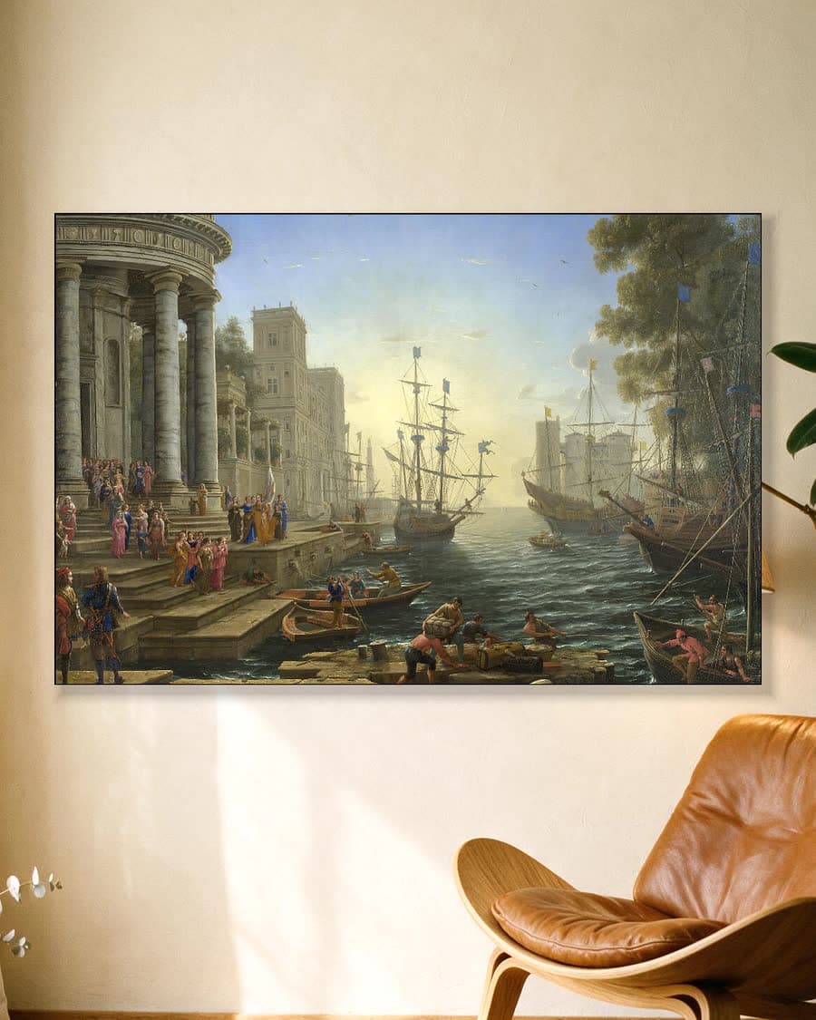 Kustlandschap met het inschepen van Sint-Ursula in een aluminium frame aan dezelfde muur