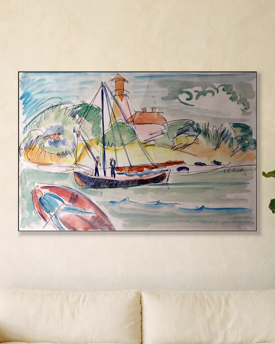 Kustlijn van Fehmarn met vuurtoren in een aluminium frame aan dezelfde muur