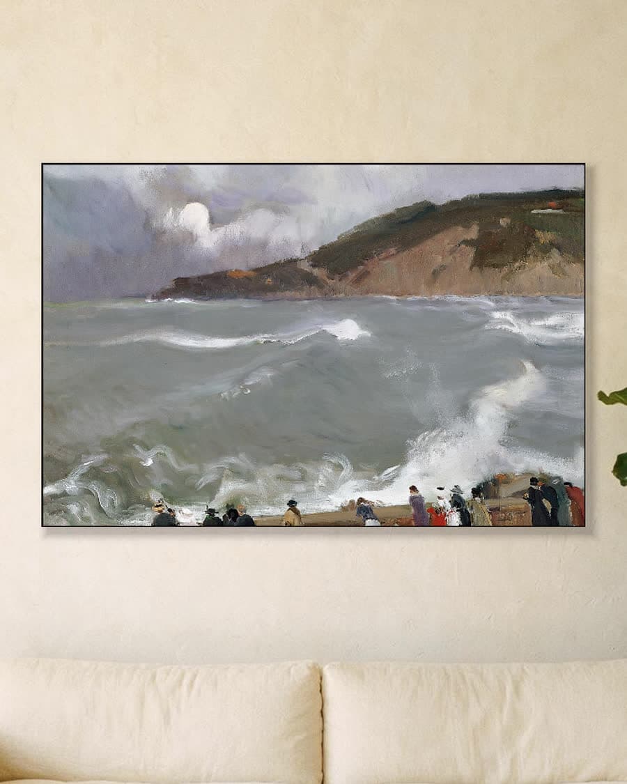 De golfbreker bij San Sebastián in een aluminium frame aan dezelfde muur
