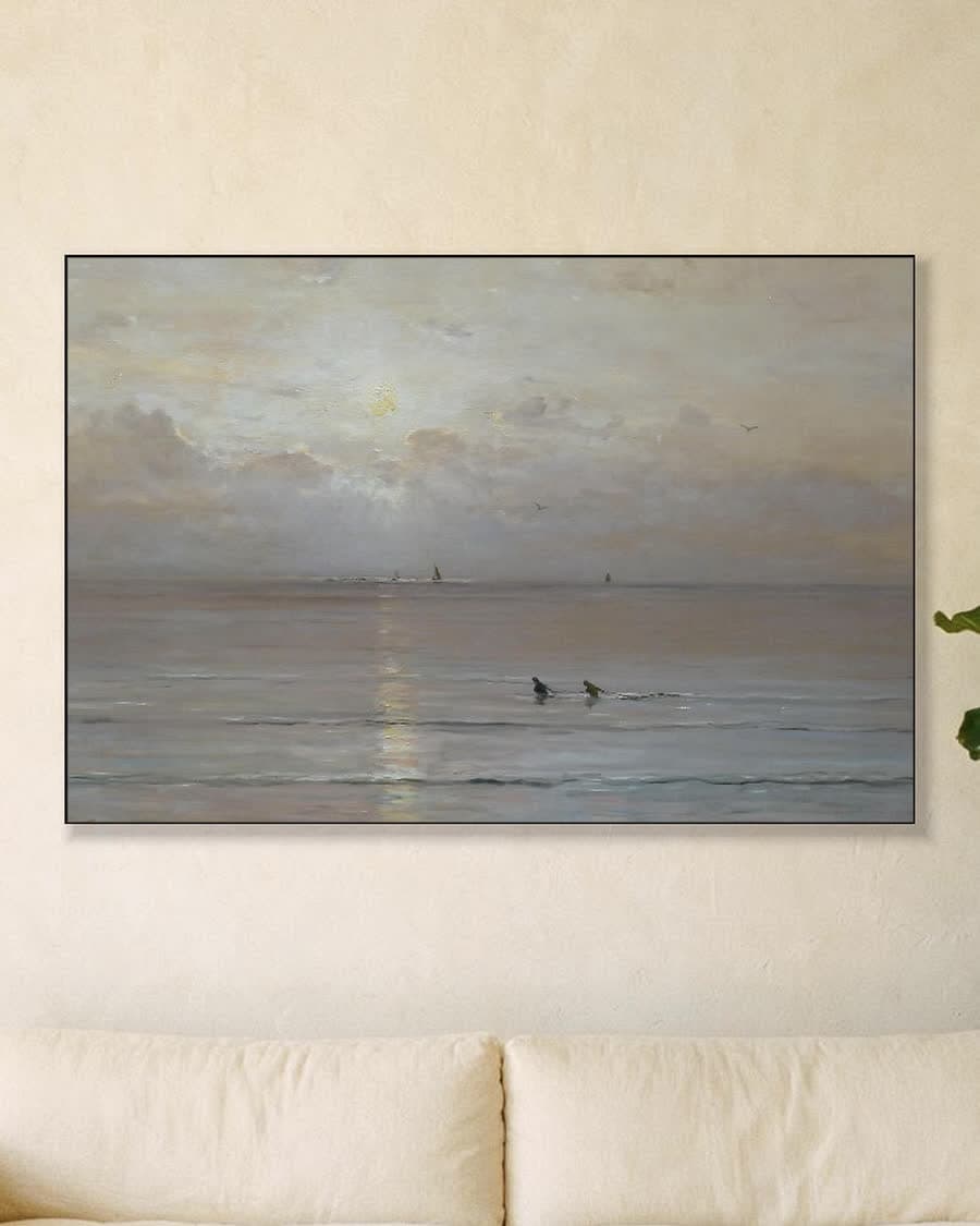 Zonsondergang met kreeftenvissers in een aluminium frame aan dezelfde muur
