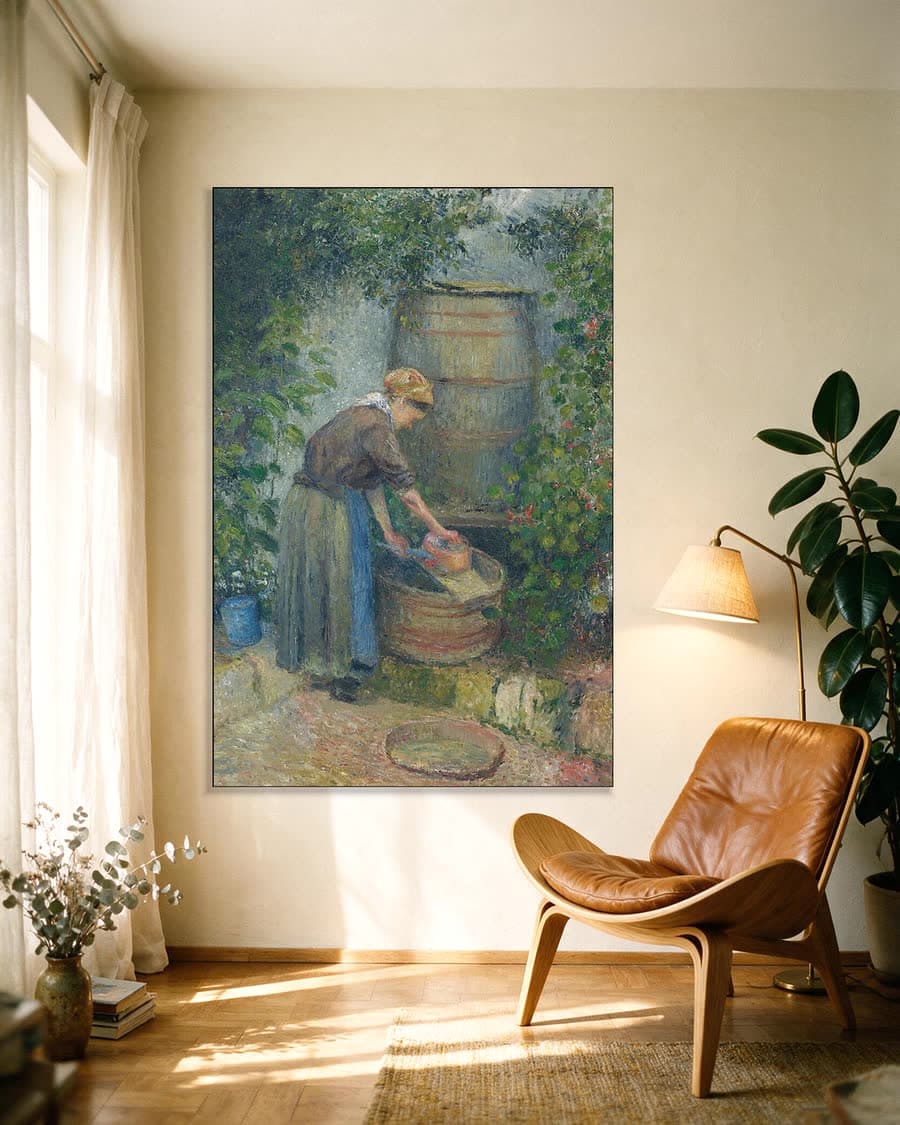 Vrouw die een pan wast in een aluminium frame aan dezelfde muur