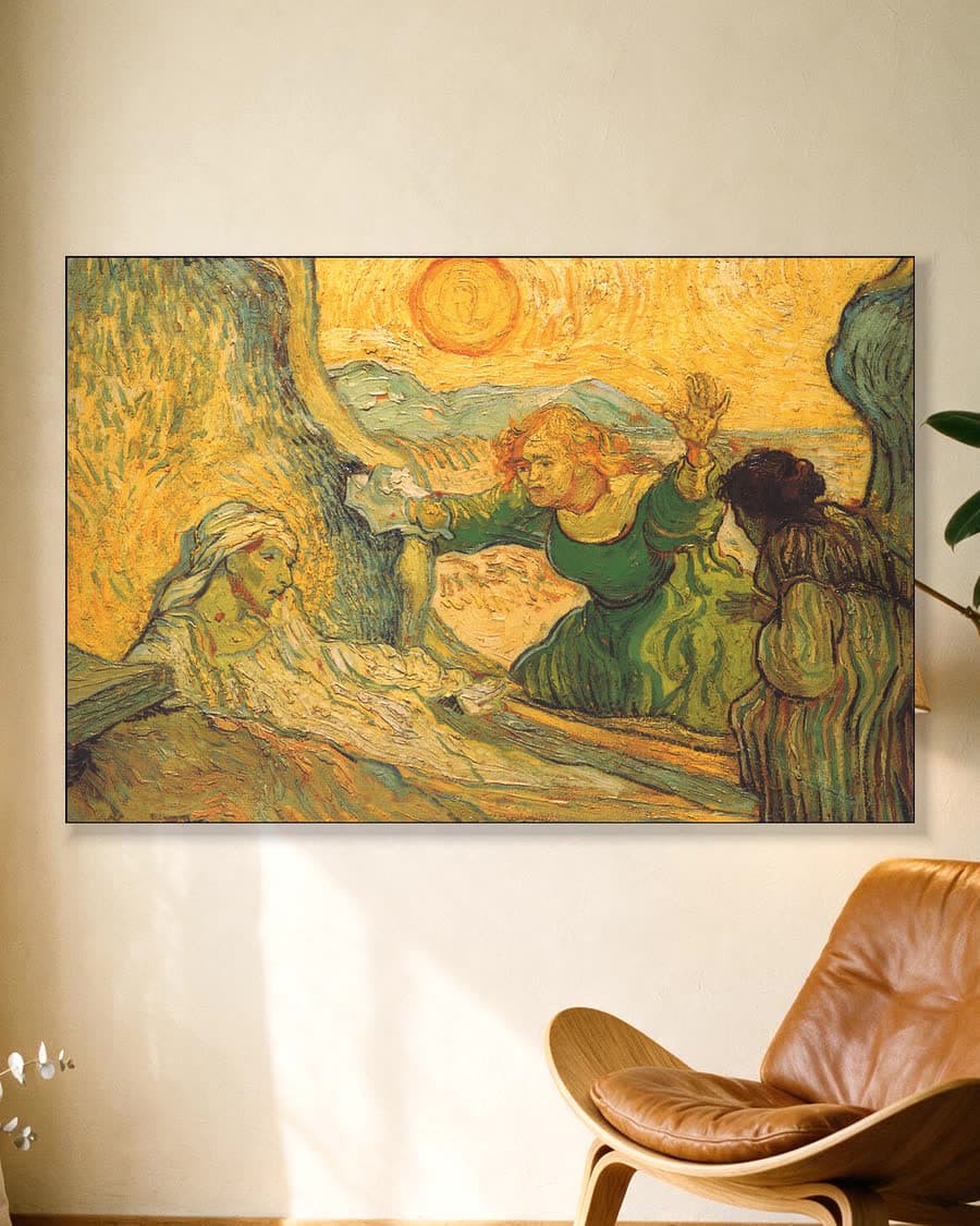 De opwekking van Lazarus (naar Rembrandt) in een aluminium frame aan dezelfde muur