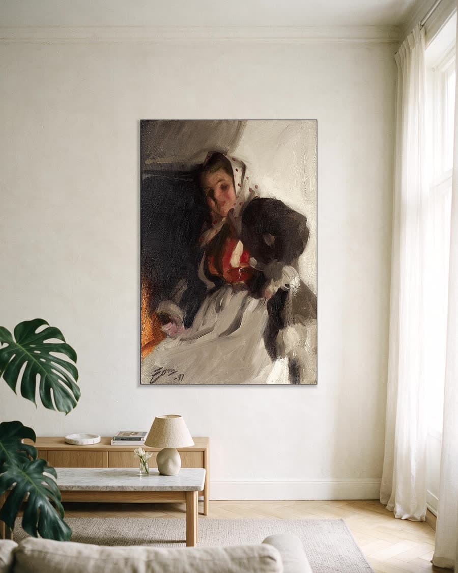 Bij de open haard in een aluminium frame aan dezelfde muur