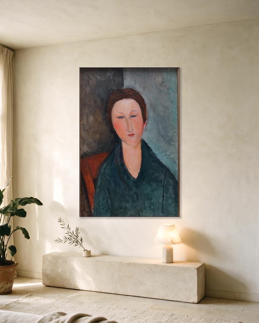 Buste van een jong meisje, Mademoiselle Marthe in een aluminium frame aan dezelfde muur