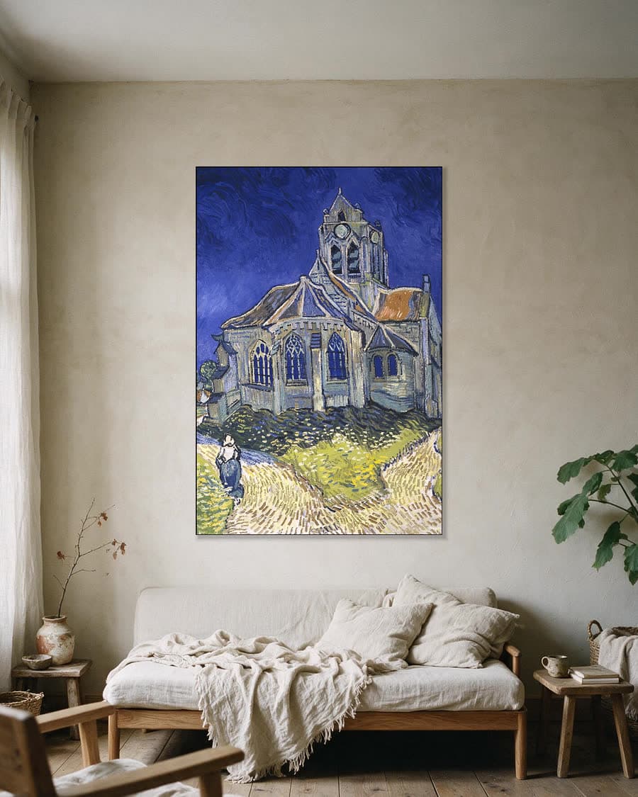 De kerk van Auvers-sur-Oise in een aluminium frame aan dezelfde muur