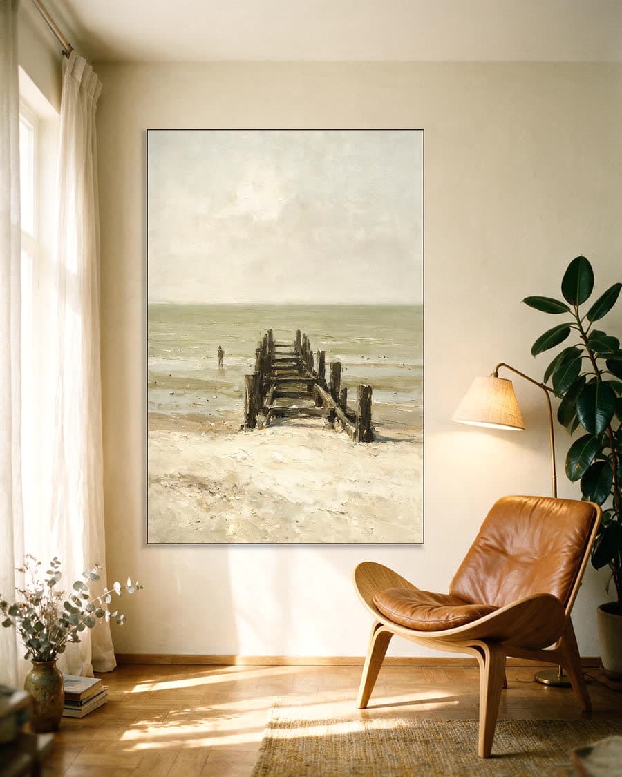 Pier in de mist in een aluminium frame aan dezelfde muur