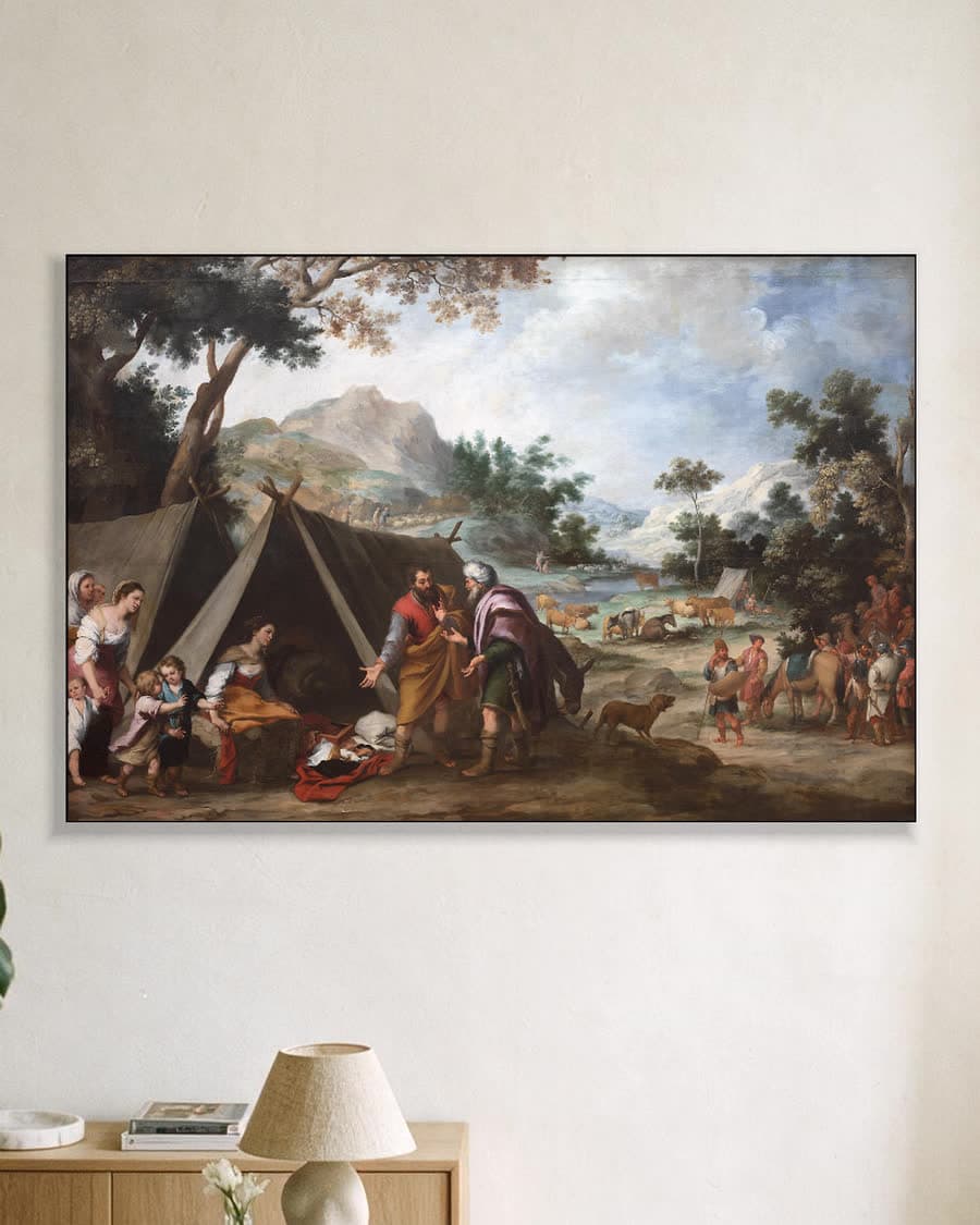 Laban zoekt naar zijn gestolen huisgoden in een aluminium frame aan dezelfde muur