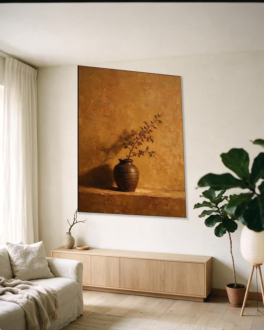 Besjestak in een donkere vaas in een aluminium frame aan dezelfde muur